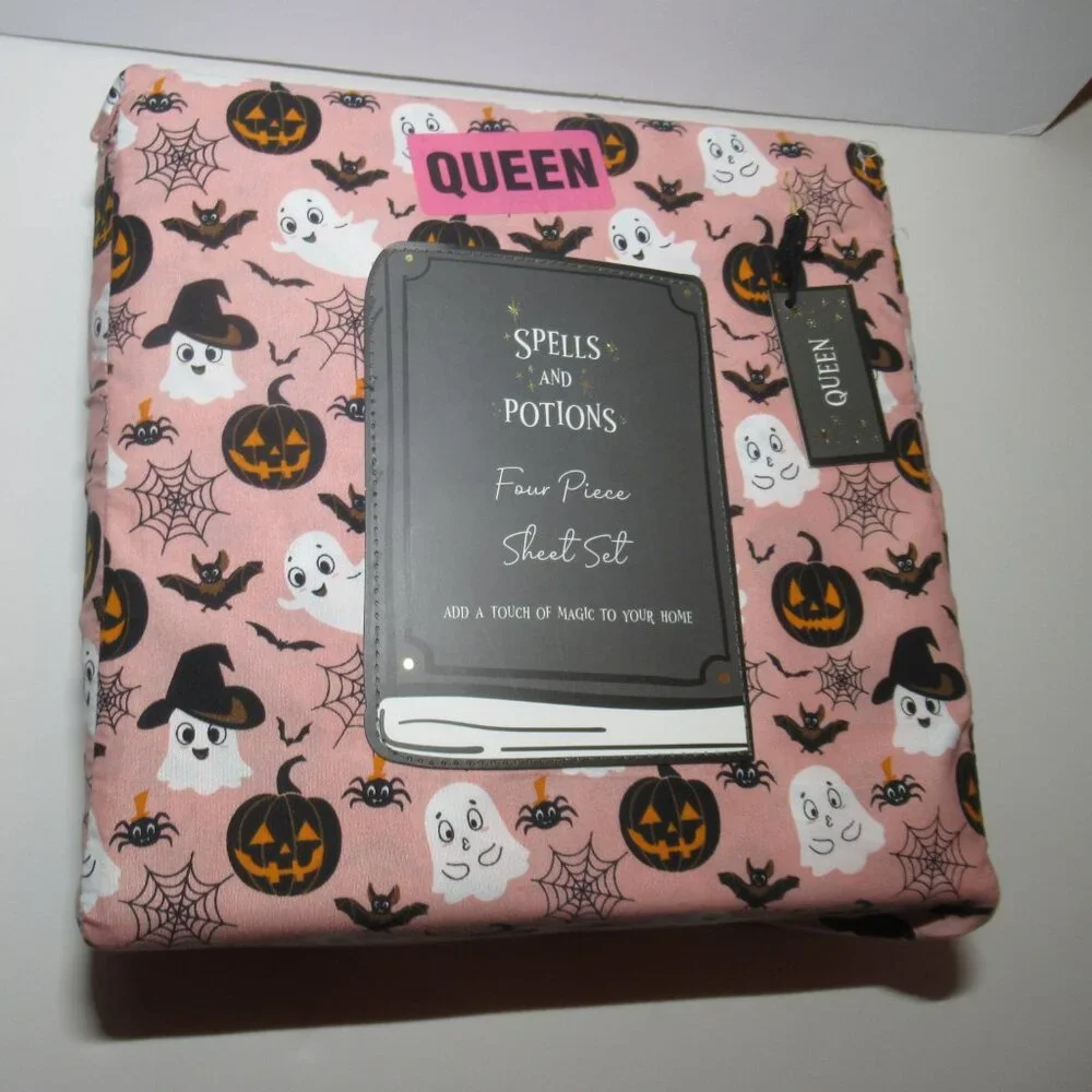 Spells And Potions Queen Size Pink Sheet Set Ghost Bat Pumpkin Web Halloween New